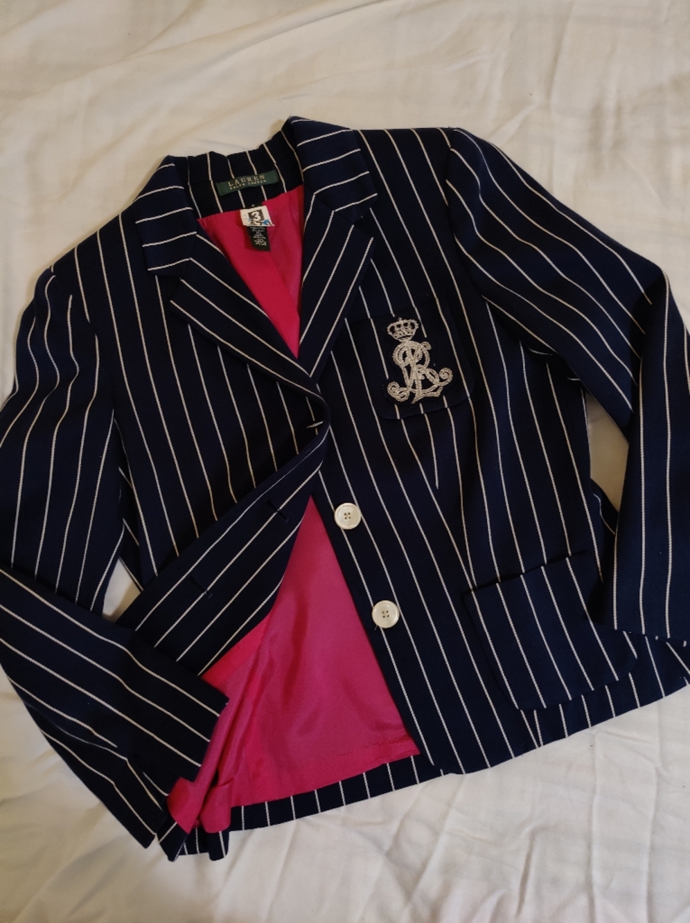 Lauren Ralph Lauren Navy White Pinstripe Blazer With Pocket Embroidery Emblem, 6
